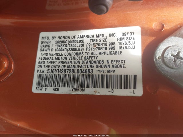 45207322 :رقم المزاد ، 5J6YH28728L004693 vin ، 2008 Honda Element Ex مزاد بيع