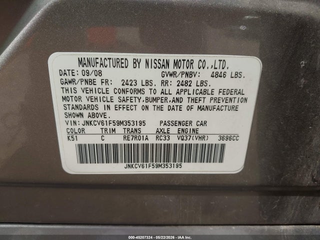 45207324 :رقم المزاد ، JNKCV61F59M353195 vin ، 2009 Infiniti G37x مزاد بيع