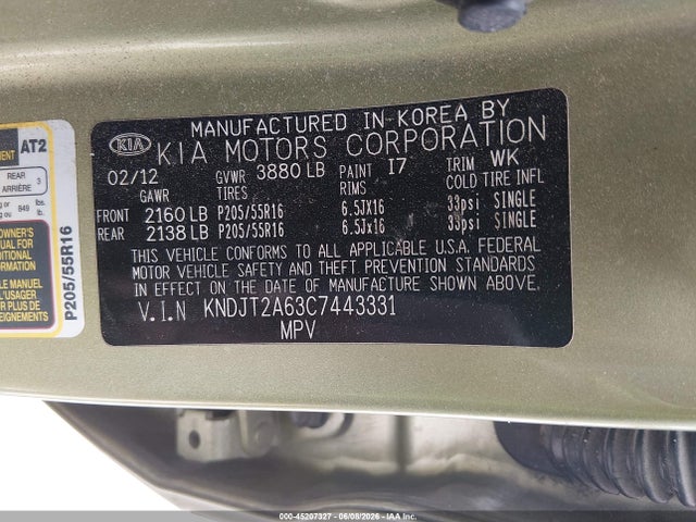 45207327 :رقم المزاد ، KNDJT2A63C7443331 vin ، 2012 Kia Soul + مزاد بيع