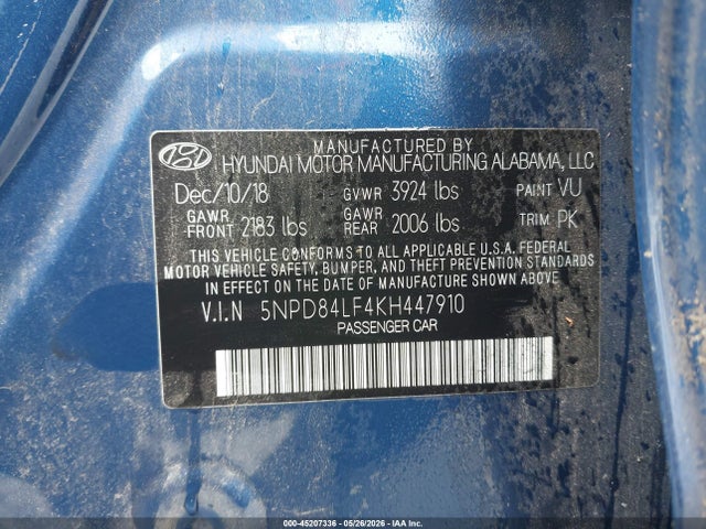Aukcja sprzedaży 2019 Hyundai Elantra Sel, vin: 5NPD84LF4KH447910, numer aukcji: 45207336