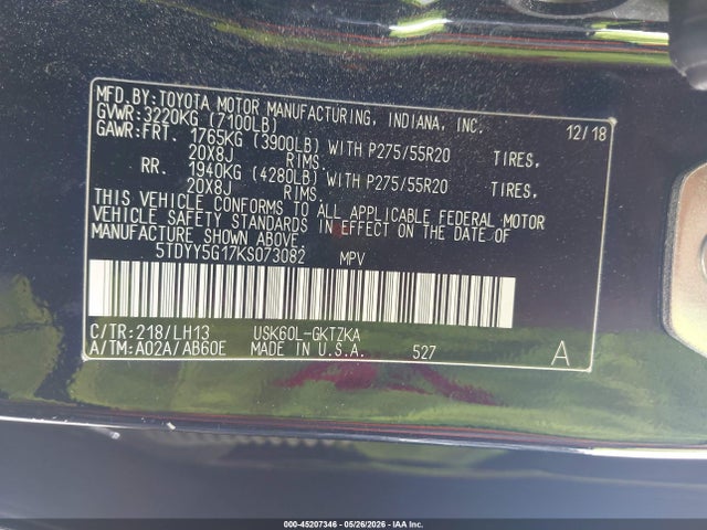Aukcja sprzedaży 2019 Toyota Sequoia Platinum, vin: 5TDYY5G17KS073082, numer aukcji: 45207346