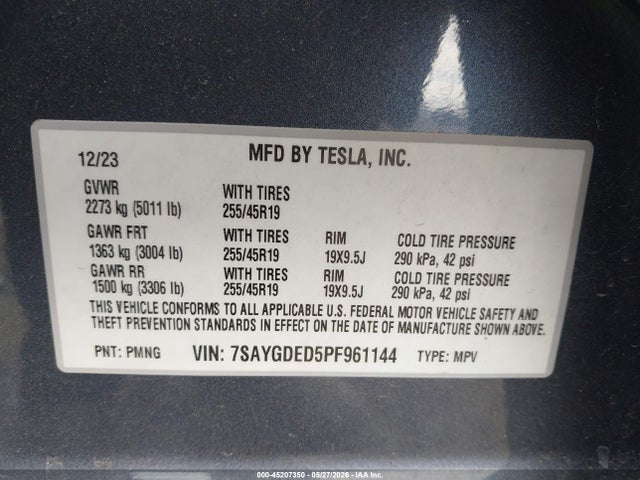 Tesla Model Y Rwd 2023 7SAYGDED5PF961144 Image 9