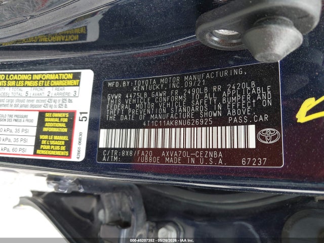 2022 Toyota Camry Le მანქანა იყიდება აუქციონზე, vin: 4T1C11AK8NU626925, აუქციონის ნომერი: 45207352