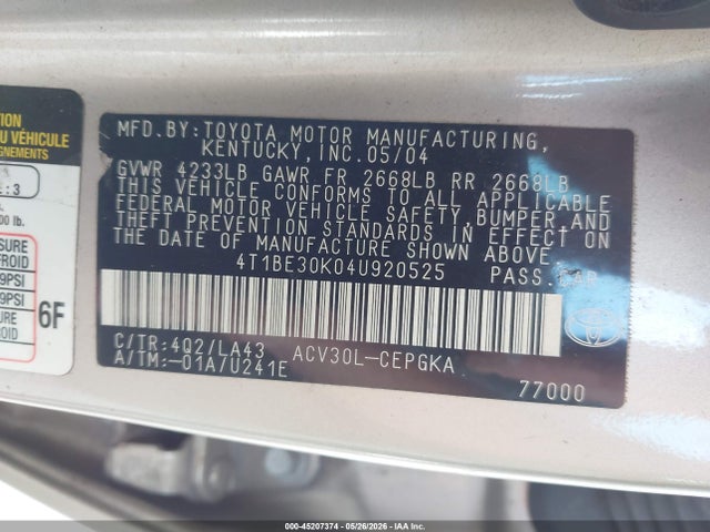 Aukcja sprzedaży 2004 Toyota Camry Xle, vin: 4T1BE30K04U920525, numer aukcji: 45207374