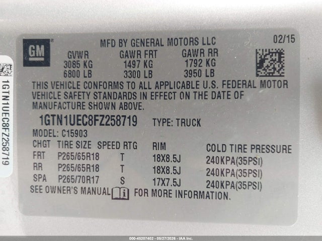 2015 Gmc Sierra 1500 Sle მანქანა იყიდება აუქციონზე, vin: 1GTN1UEC8FZ258719, აუქციონის ნომერი: 45207402