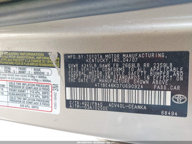 Продажа на аукционе авто 2007 Toyota Camry Le, vin: 4T1BE46K07U690924, номер лота: 45207410