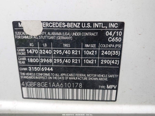 Продажа на аукционе авто 2010 Mercedes-benz Gl 550 4matic, vin: 4JGBF8GE1AA610178, номер лота: 45207415