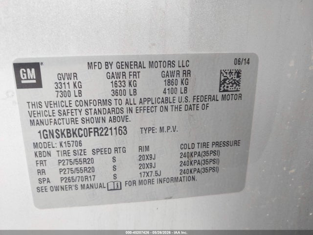 45207426 :رقم المزاد ، 1GNSKBKC0FR221163 vin ، 2015 Chevrolet Tahoe Lt مزاد بيع
