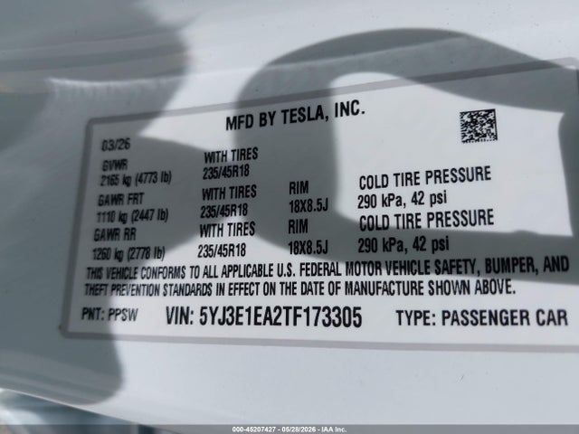 Продаж на аукціоні авто 2026 Tesla Model 3 Premium Rear-wheel Drive/rear-wheel Drive, vin: 5YJ3E1EA2TF173305, номер лоту: 45207427