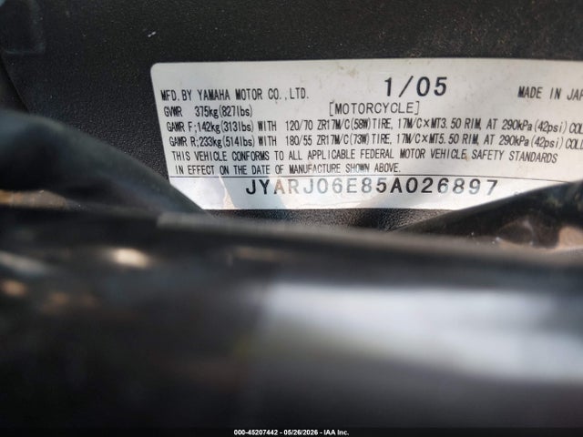 2005 Yamaha Yzfr6 L მანქანა იყიდება აუქციონზე, vin: JYARJ06E85A026897, აუქციონის ნომერი: 45207442
