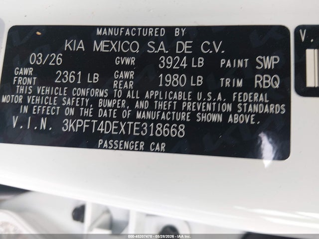 Продаж на аукціоні авто 2026 Kia K4 Lxs, vin: 3KPFT4DEXTE318668, номер лоту: 45207470