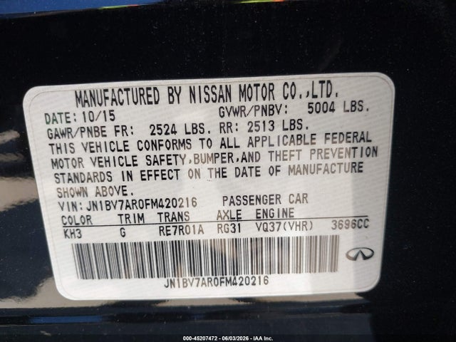 Продаж на аукціоні авто 2015 Infiniti Q50 Premium, vin: JN1BV7AR0FM420216, номер лоту: 45207472