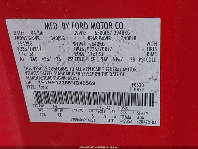 Продажа на аукционе авто 2006 Ford F-150 Stx/xl/xlt, vin: 1FTRF12286NB46569, номер лота: 45207483
