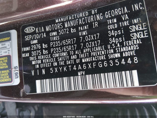 45207485 :رقم المزاد ، 5XYKT4A6XFG635448 vin ، 2015 Kia Sorento Lx مزاد بيع