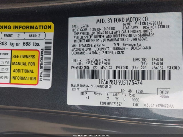Продаж на аукціоні авто 2018 Ford Mustang Gt Premium, vin: 1FA6P8CF9J5175474, номер лоту: 45207494