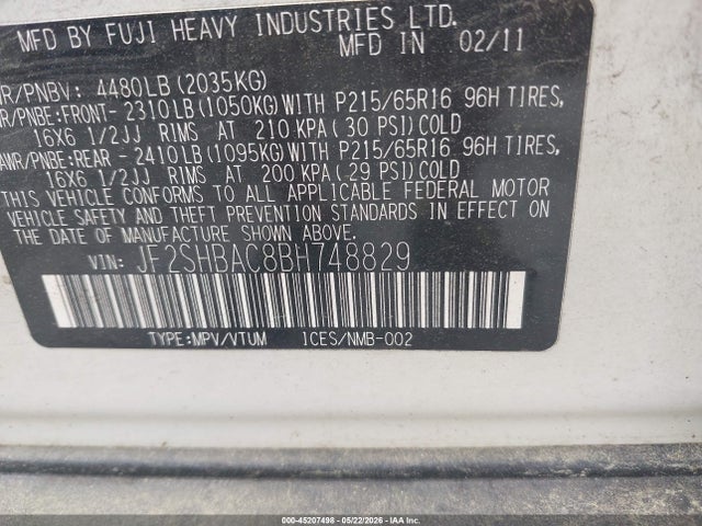 Продаж на аукціоні авто 2011 Subaru Forester 2.5x, vin: JF2SHBAC8BH748829, номер лоту: 45207498