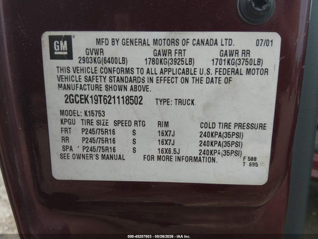 45207503 :رقم المزاد ، 2GCEK19T621118502 vin ، 2002 Chevrolet Silverado 1500 Ls مزاد بيع