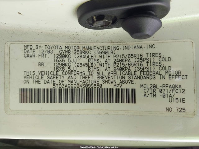 Aukcja sprzedaży 2004 Toyota Sienna Xle, vin: 5TDZA22C94S099850, numer aukcji: 45207506