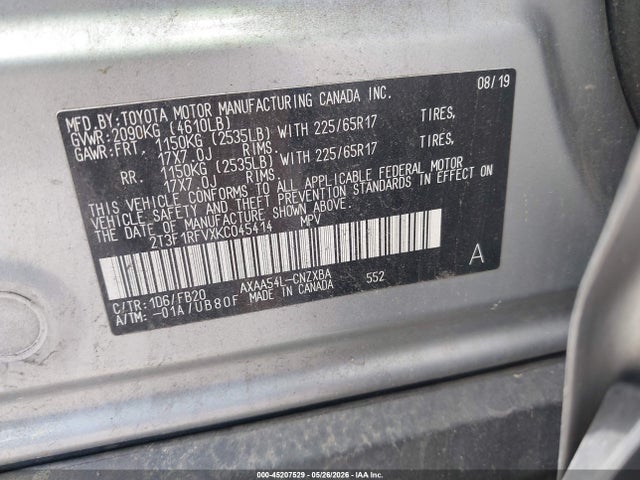 Aukcja sprzedaży 2019 Toyota Rav4 Le, vin: 2T3F1RFVXKC045414, numer aukcji: 45207529