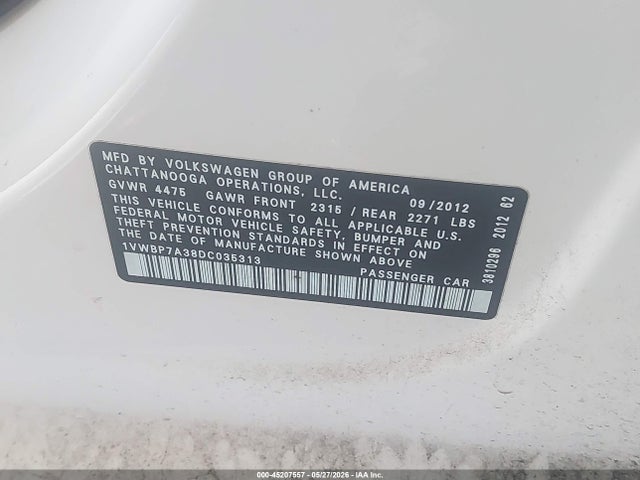 45207557 :رقم المزاد ، 1VWBP7A38DC035313 vin ، 2013 Volkswagen Passat 2.5l Se مزاد بيع