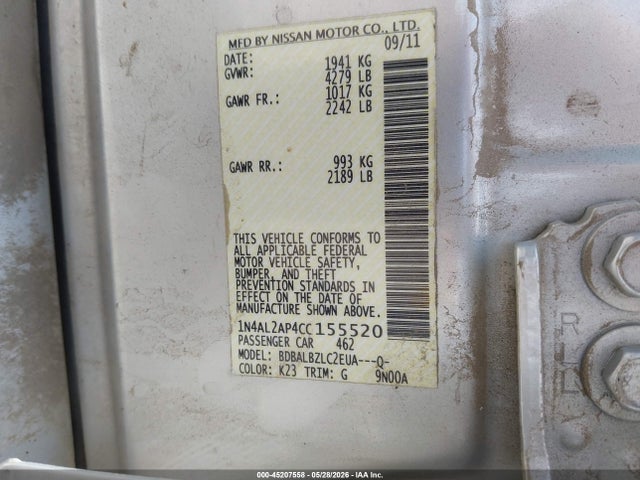 45207558 :رقم المزاد ، 1N4AL2AP4CC155520 vin ، 2012 Nissan Altima 2.5 S مزاد بيع