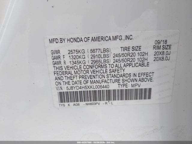 Aukcja sprzedaży 2019 Acura Mdx Tech Pkg, vin: 5J8YD4H5XKL006440, numer aukcji: 45207568