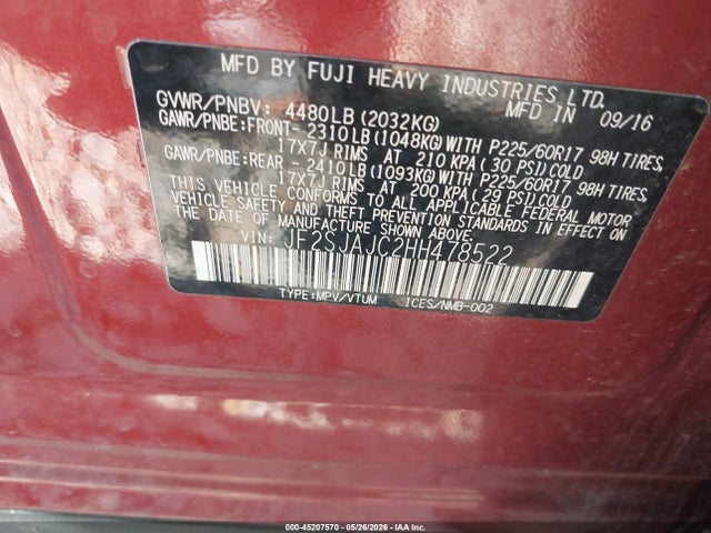 Aukcja sprzedaży 2017 Subaru Forester 2.5i Limited, vin: JF2SJAJC2HH478522, numer aukcji: 45207570