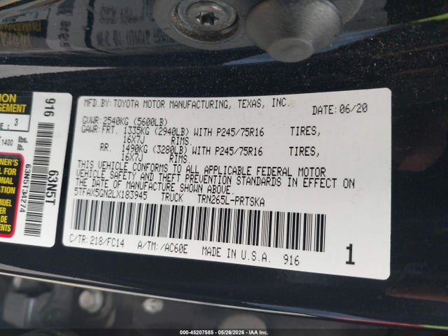 Продажа на аукционе авто 2020 Toyota Tacoma Sr5, vin: 5TFAX5GN2LX183945, номер лота: 45207585