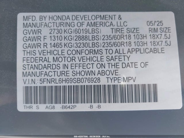 5FNRL6H69SB076928 Honda Odyssey Ex-l
