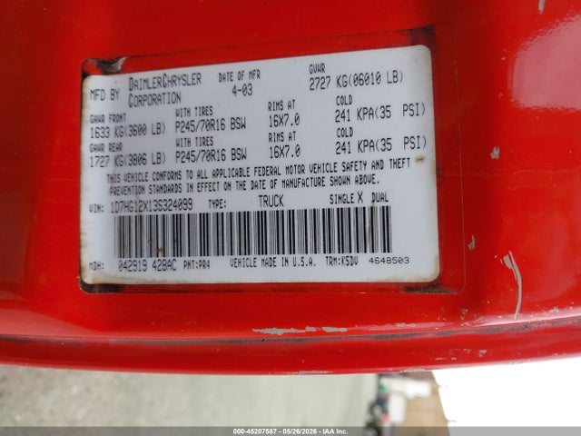 45207587 :رقم المزاد ، 1D7HG12X13S324099 vin ، 2003 Dodge Dakota مزاد بيع