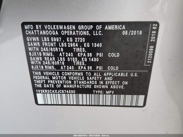 45207614 :رقم المزاد ، 1V2KR2CAXJC574330 vin ، 2018 Volkswagen Atlas 3.6l V6 Se مزاد بيع