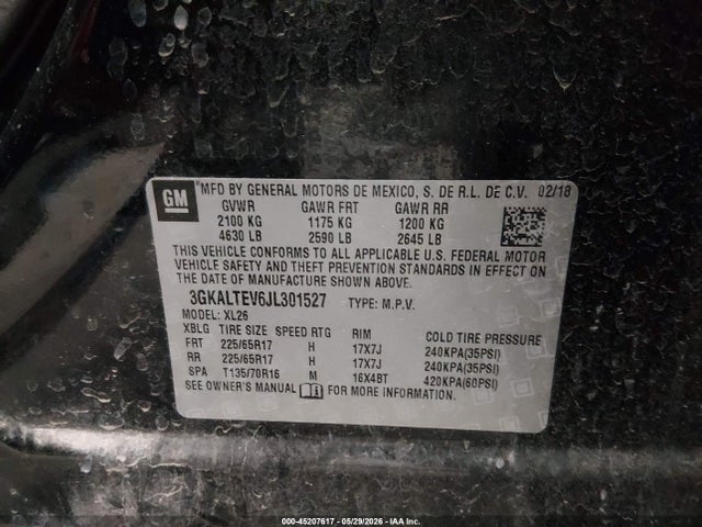 45207617 :رقم المزاد ، 3GKALTEV6JL301527 vin ، 2018 Gmc Terrain Sle مزاد بيع