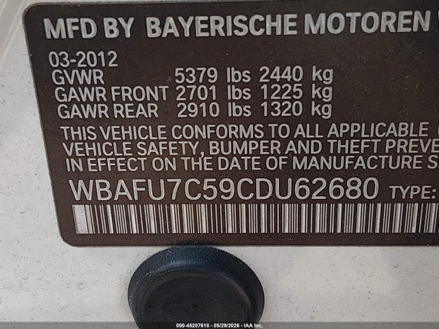 45207618 :رقم المزاد ، WBAFU7C59CDU62680 vin ، 2012 Bmw 535i Xdrive مزاد بيع