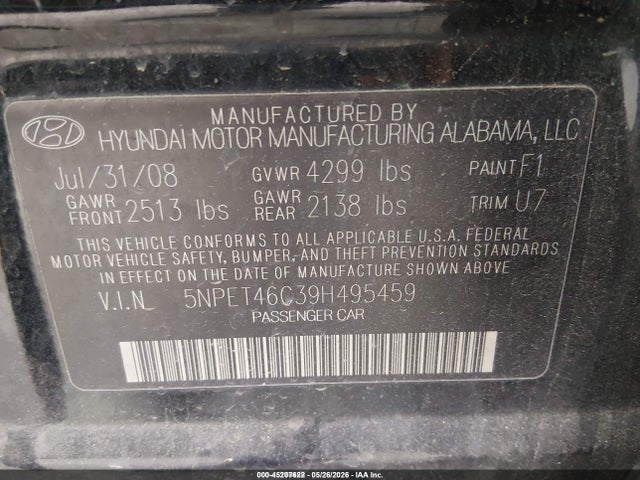 Aukcja sprzedaży 2009 Hyundai Sonata Gls, vin: 5NPET46C39H495459, numer aukcji: 45207622