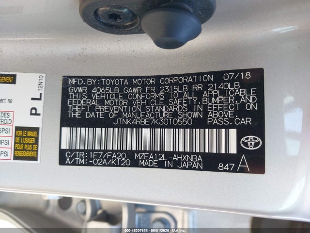 2019 Toyota Corolla Se მანქანა იყიდება აუქციონზე, vin: JTNK4RBE7K3010550, აუქციონის ნომერი: 45207658