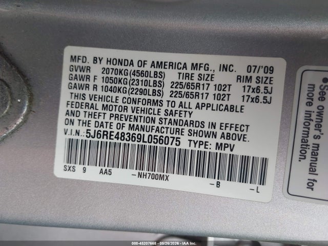 Aukcja sprzedaży 2009 Honda Cr-v Lx, vin: 5J6RE48369L056075, numer aukcji: 45207668