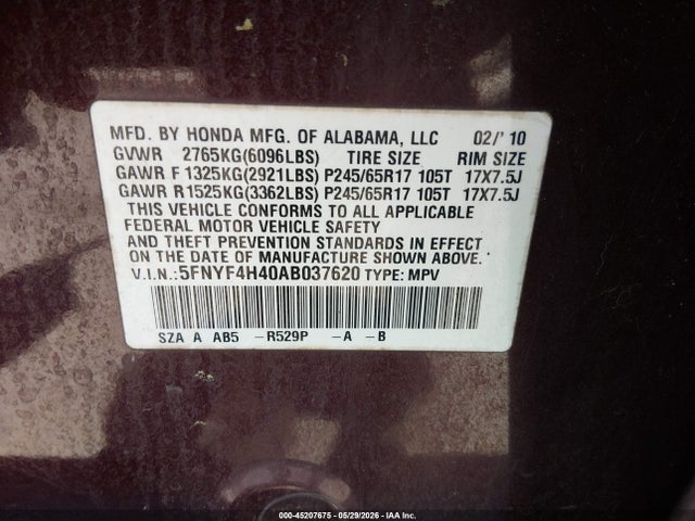 Продажа на аукционе авто 2010 Honda Pilot Ex, vin: 5FNYF4H40AB037620, номер лота: 45207675