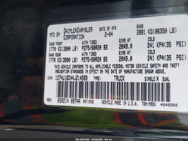 45207682 :رقم المزاد ، 1D7HU16DX4J214569 vin ، 2004 Dodge Ram 1500 Slt/laramie مزاد بيع