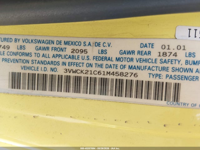 Aukcja sprzedaży 2001 Volkswagen New Beetle Gls, vin: 3VWCK21C61M458276, numer aukcji: 45207694