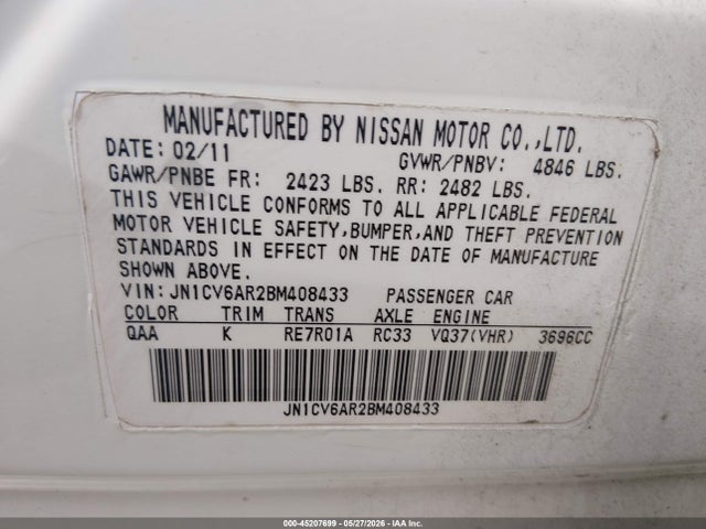 45207699 :رقم المزاد ، JN1CV6AR2BM408433 vin ، 2011 Infiniti G37x مزاد بيع