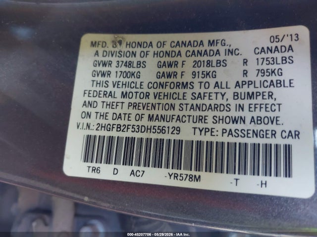 Продажа на аукционе авто 2013 Honda Civic Lx, vin: 2HGFB2F53DH556129, номер лота: 45207706