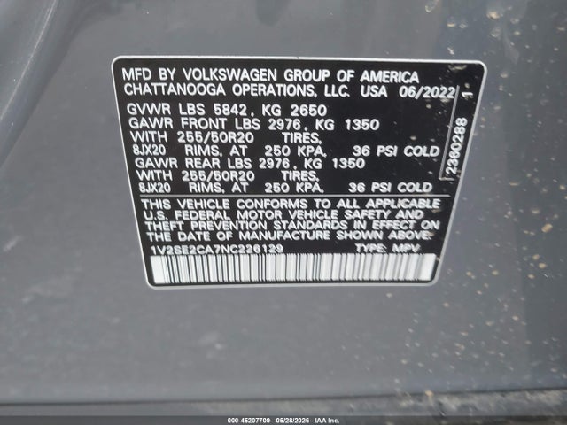45207709 :رقم المزاد ، 1V2SE2CA7NC226129 vin ، 2022 Volkswagen Atlas Cross Sport 3.6l V6 Sel R-line مزاد بيع