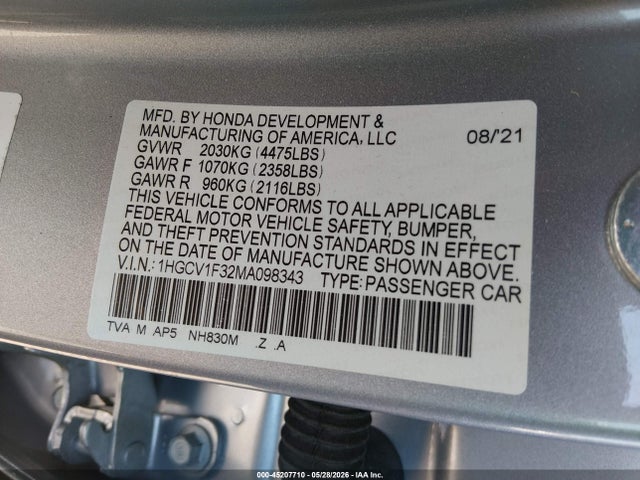 Aukcja sprzedaży 2021 Honda Accord Sport, vin: 1HGCV1F32MA098343, numer aukcji: 45207710