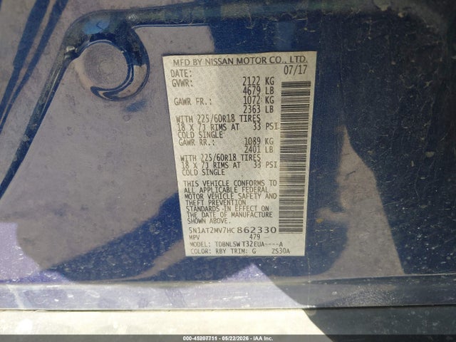 45207711 :رقم المزاد ، 5N1AT2MV7HC862330 vin ، 2017 Nissan Rogue Sl مزاد بيع