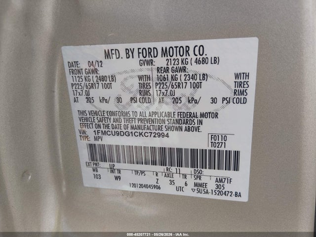 45207721 :رقم المزاد ، 1FMCU9DG1CKC72994 vin ، 2012 Ford Escape Xlt مزاد بيع