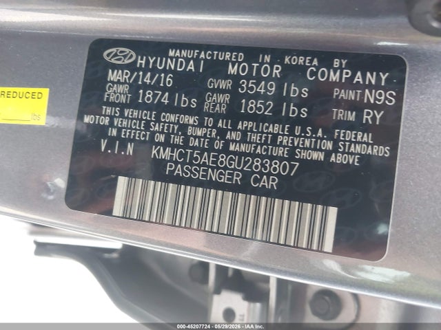 Aukcja sprzedaży 2016 Hyundai Accent Se, vin: KMHCT5AE8GU283807, numer aukcji: 45207724