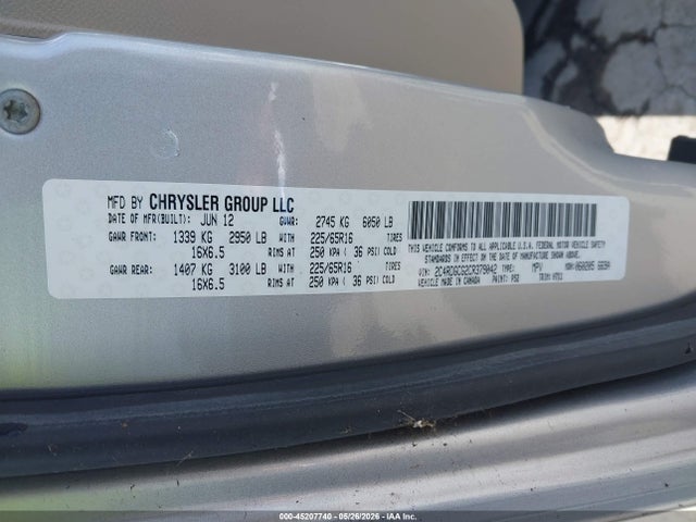 45207740 :رقم المزاد ، 2C4RDGCG2CR379042 vin ، 2012 Dodge Grand Caravan Sxt مزاد بيع
