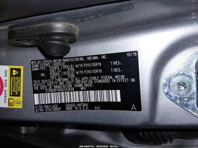Toyota Highlander Limited V6 2016 5TDDKRFH0GS342648 Image 9