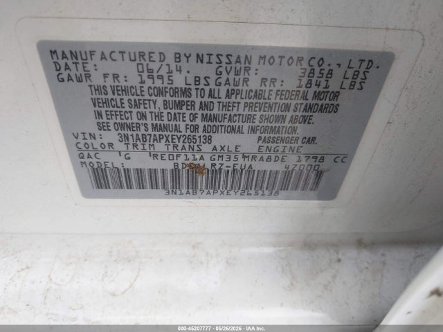 Продажа на аукционе авто 2014 Nissan Sentra Sr, vin: 3N1AB7APXEY265138, номер лота: 45207777