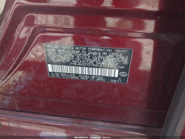 Aukcja sprzedaży 2007 Lexus Es 350, vin: JTHBJ46G272100616, numer aukcji: 45207813